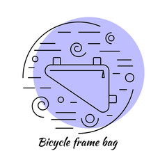 Linear icon style picture. Bicycle frame bag in circle collage with decorative elements - lines and swirls. Color background. Vector illustration.