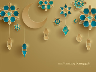 Paper graphic of Islamic decoration. Geometry art, Crescent moon and Arabic lantern. Ramadan Kareem - Glorious month of Muslim year.