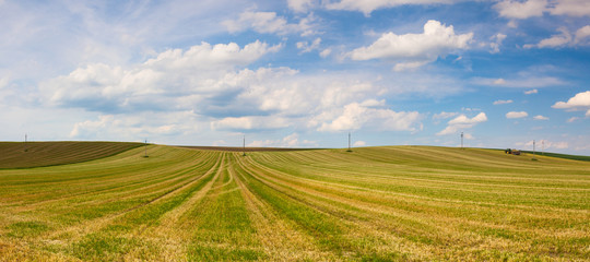 Wall Mural - Tractor on the harvested empty field on the hills