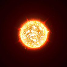 Burning Realistic 3D Sun, Flashes, Glare, Flare, Sparks, Flames, Heat And Fire Rays. Orange, Hot, Cosmic Red Planet On A Black Background Vector Illustration