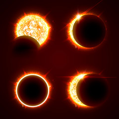 Wall Mural - Incomplete and total solar eclipseon on a black background vector illustration set. The Sun in the Shadow of the Moon picture collection