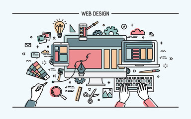 Wall Mural - web development, line art banner. site with responsive design. colorful flat vector illustration.