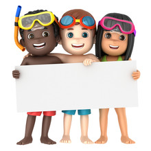 3d Render Of A Kids Wearing Swimwear And Goggles With A Blank Board