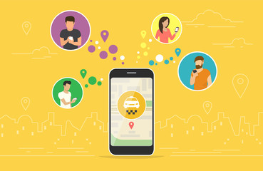 Booking taxi online concept design. Flat vector illustration of young men and women in circle icons using smartphone mobile app for ordering taxi vehicle via application online. Yellow banner for web