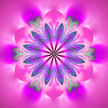 Abstract Exotic Flower. Psychedelic Mandala Design In Pink, Green And Blue Colors. Fantasy Fractal Art. 3D Rendering.