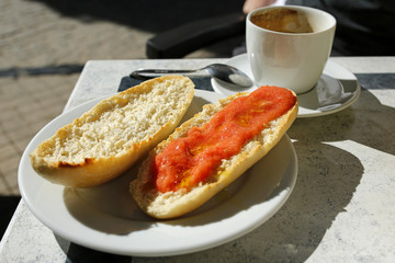 spanish breakfast- coffee and toast with tomatoes and olive oil