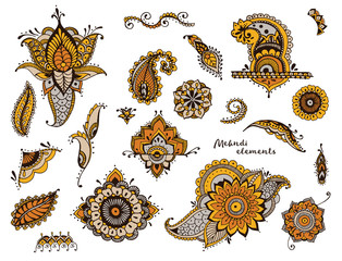 Wall Mural - Set of hand drawn different mehndi elements. Stylized flowers, florals, leaves, indian paisley collection. Colorful ethnic illustration.