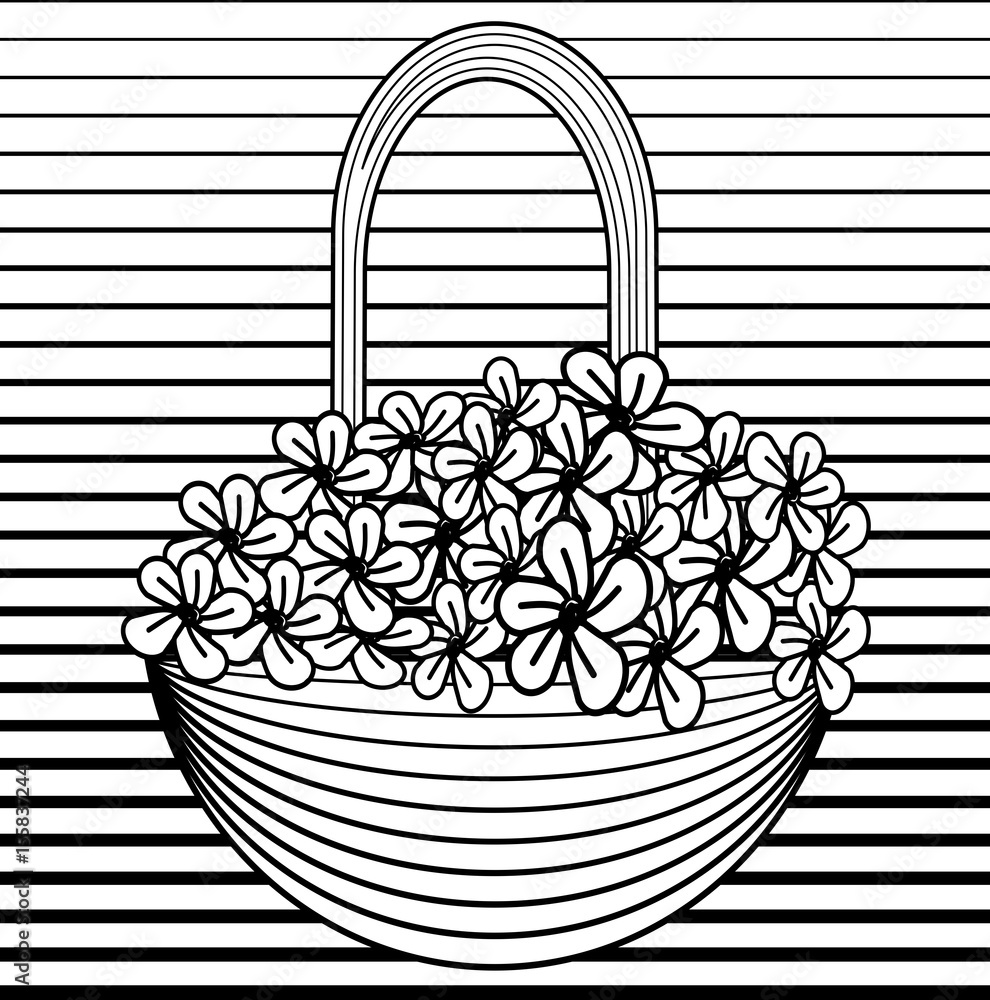 Small basket with flowers in line art style. Black and white vector ...