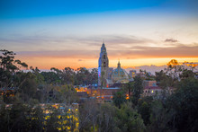 California Tower In Balboa Park, San Diego At Sunset With Lights