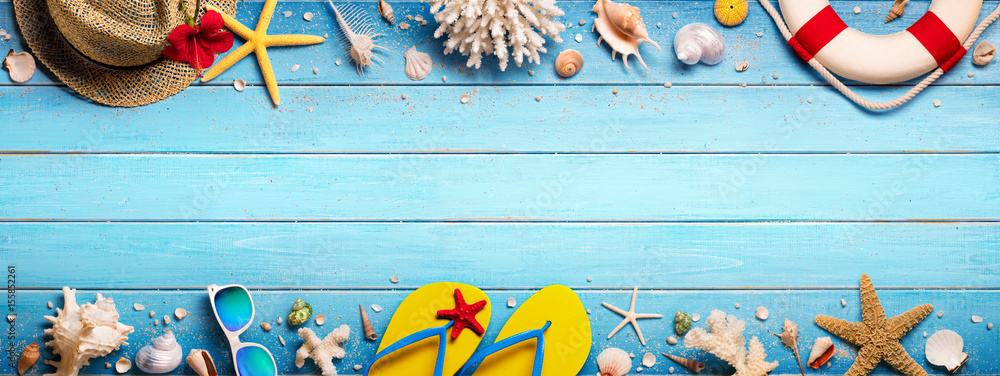 Beach Accessories On Blue Plank - Summer Holiday Banner
 - obrazy, fototapety, plakaty 