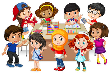 Many kids learning math in classroom