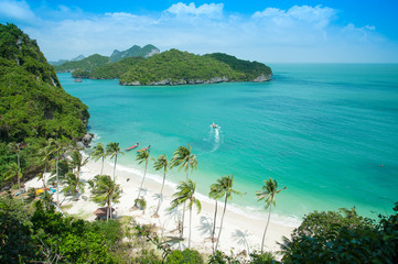 View point from top of mountain for see the beach , sea and nature of  Angthong island at thailand