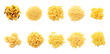 Collage of different dry pasta on white background