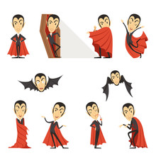 Count Dracula Wearing Red Cape. Set Of Cute Cartoon Vampire Characters Vector Illustrations