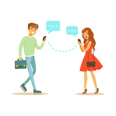 Sticker - Young man and woman communicatitng with their mobile phones colorful character vector Illustration