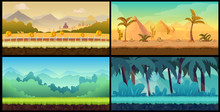 Vector Landscape Cartoon Seamless Backgrounds Set For Game,Vector Illustration For Your Design.Ready For Parallax Effect