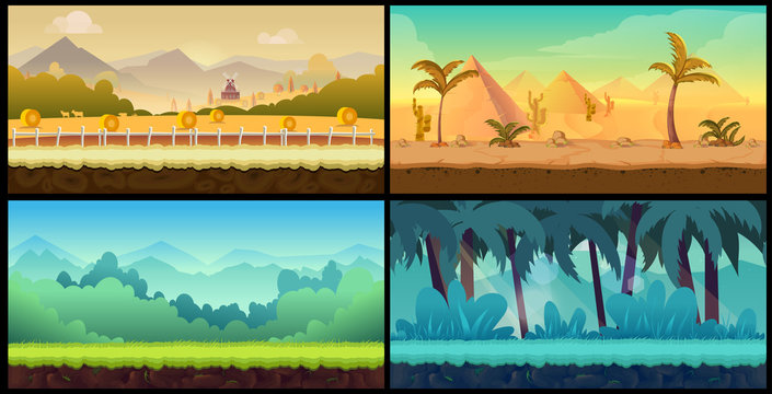 Vector landscape cartoon seamless backgrounds set for game,Vector illustration for your design.Ready for parallax effect