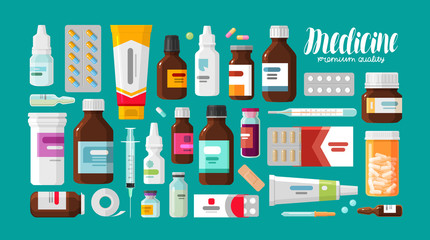 medicine, pharmacy, hospital set of drugs with labels. medication, pharmaceutics concept. vector ill