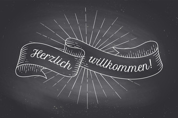 Wall Mural - old school vintage ribbon banner with text in german herzlich wllkommen. hand drawn design element. 