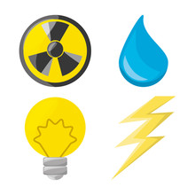 Flat Icon Releated With Nuclear Energy, Drop Water, Bulb And Ray, Vector Illustration