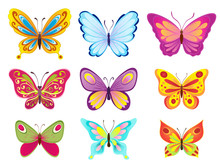 Set Of Colorful Cartoon Butterflies On White. Vector Illustration