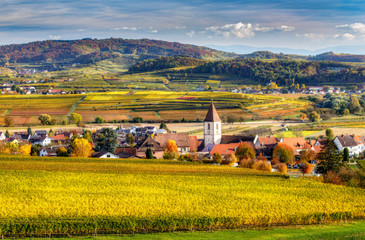 Wall Mural - Picturesque autumn countryside panoramic landscape. Multicolored vineyards growing on rolling hills and medieval village with old church. Black Forest, Germany. 