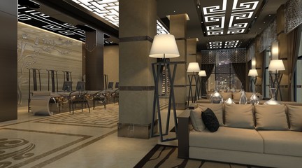 Interior of hotel reception hall 3D illustration