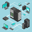 © MicroOne - Data network management vector isometric map with business networking servers, computers and device