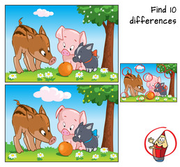 Wall Mural - Three little pigs and orange. Find 10 differences. Educational game for children. Cartoon vector illustration