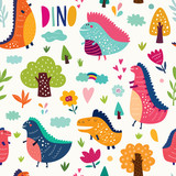 Fototapeta Dinusie - Seamless pattern with cute dinosaurs in nature