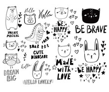 Set Of Wonderful Cute And Cheerful Animals In Doodle Style