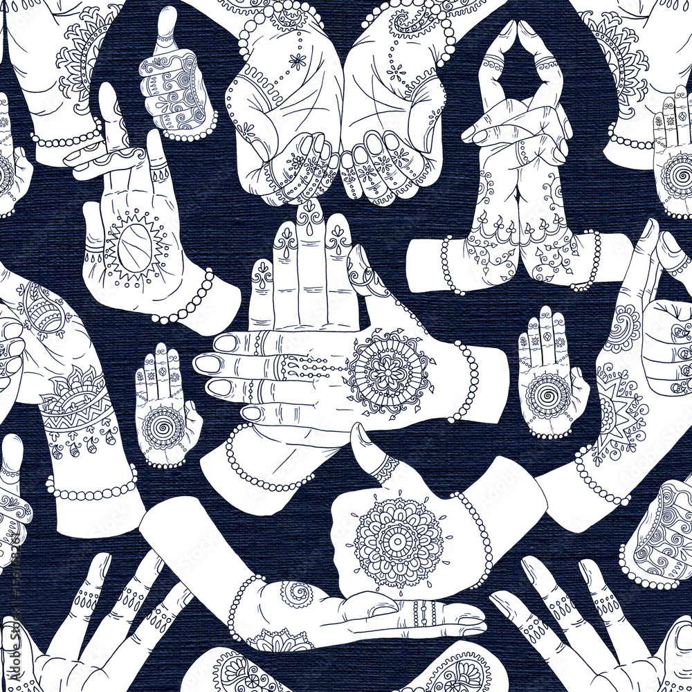 Seamless Background With White Hand Mudras On Textured Background Stock Seamless Background With White Hand Mudras On Textured Background Stock
