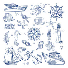 Sea Or Ocean Underwater Life With Different Animals And Marine Objects. Vector Pictures In Hand Drawn Style