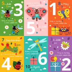 Poster - Invitation cards for kids birthday with illustrations of funny insects and bugs. Vector pictures