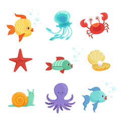 Poster - Marine set with underwater plants and sea fishes in cartoon style. Vector illustrations set