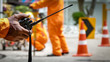 Walkie Talkie or Portable radio transceiver in Road construction work