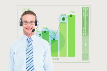 Poster - businessman wearing Head set against graphics background 