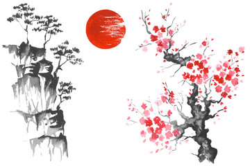 Fotomurales - Japan Traditional japanese painting Sumi-e art Sun Sakura