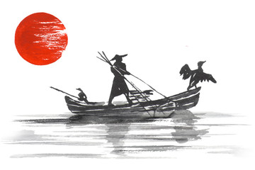 Fotomurales - Japan Traditional japanese painting Sumi-e art Japan Traditional japanese painting Sumi-e art Man with boat