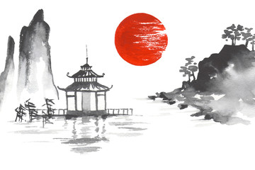 Fotomurales - Japan Traditional japanese painting Sumi-e art Sun Lake River Hill Temple Mountain