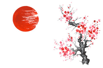Fotomurales - Japan Traditional japanese painting Sumi-e art Sakura Sun