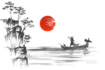 Fotomurales - Japan Traditional japanese painting Sumi-e art Boat Man Hill Mountain Sun