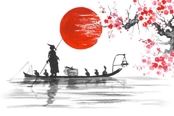 Fotomurales - Japan Traditional japanese painting Sumi-e art Japan Traditional japanese painting Sumi-e art Man with boat Sakura