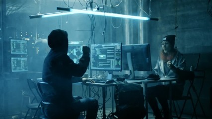 Aufkleber - Group of Teenage Hackers Have Successful Attack on Government Servers. Their Den Has Monitors, Dark Atmosphere.Shot on RED EPIC-W 8K Helium Cinema Camera.