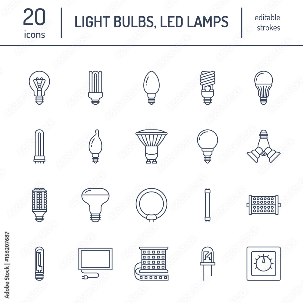 Light bulbs flat line icons. Led lamps types, fluorescent, filament ...
