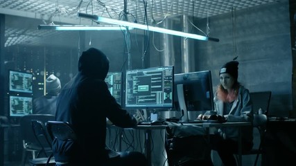 Aufkleber - Group of Teenage Hackers Organize Attack on Corporate Data Servers. Their Lair is Dark and Full of Operating Displays. Shot on RED EPIC-W 8K Helium Cinema Camera.