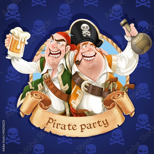 Fotografia, Obraz Two drunken pirates with rum and beer. Banner for Pirate party