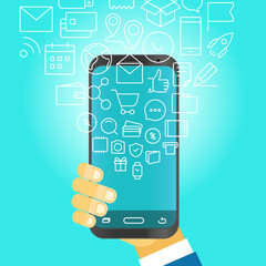 Aufkleber - Man holding modern smartphone with falling icons