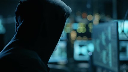 Aufkleber - Masked Hacktivist Organizes malware Attack on Global Scale. They're in Underground Secret Location Surrounded by Displays and Cables. Shot on RED EPIC-W 8K Helium Cinema Camera.
