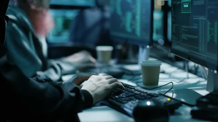 Aufkleber - Team of Internationally Wanted Boy and Girl Hackers Organize Advanced Virus Attack on Corporate Servers. Place is Dark and Has Multiple displays. Shot on RED EPIC-W 8K Helium Cinema Camera.